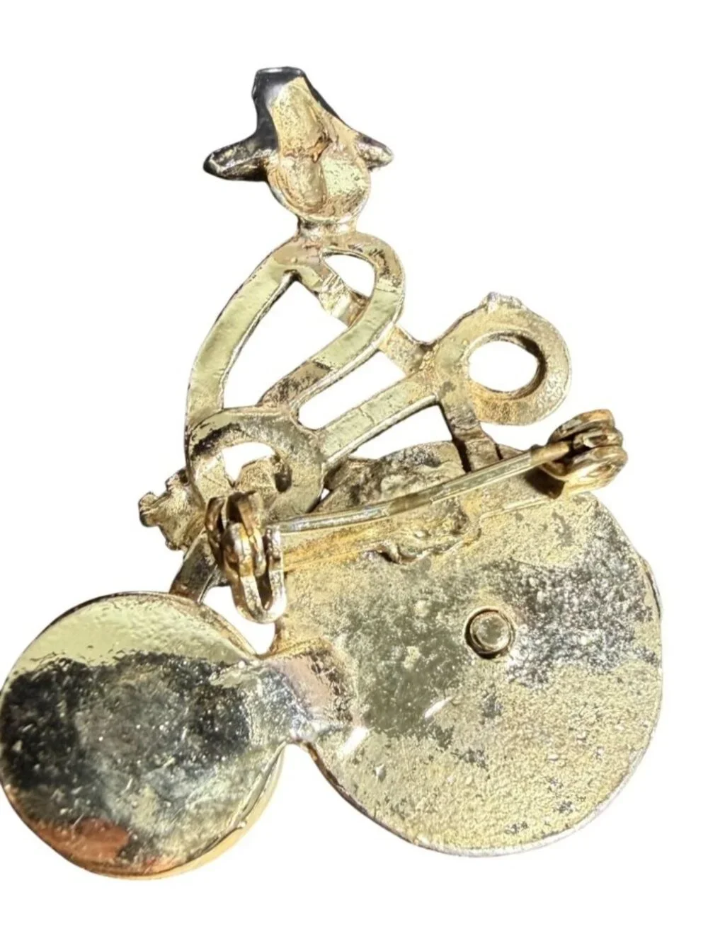 Vintage Gold Tone Penny Farthing Bicycle Brooch Pin Celluloid Wheel Rhinestone